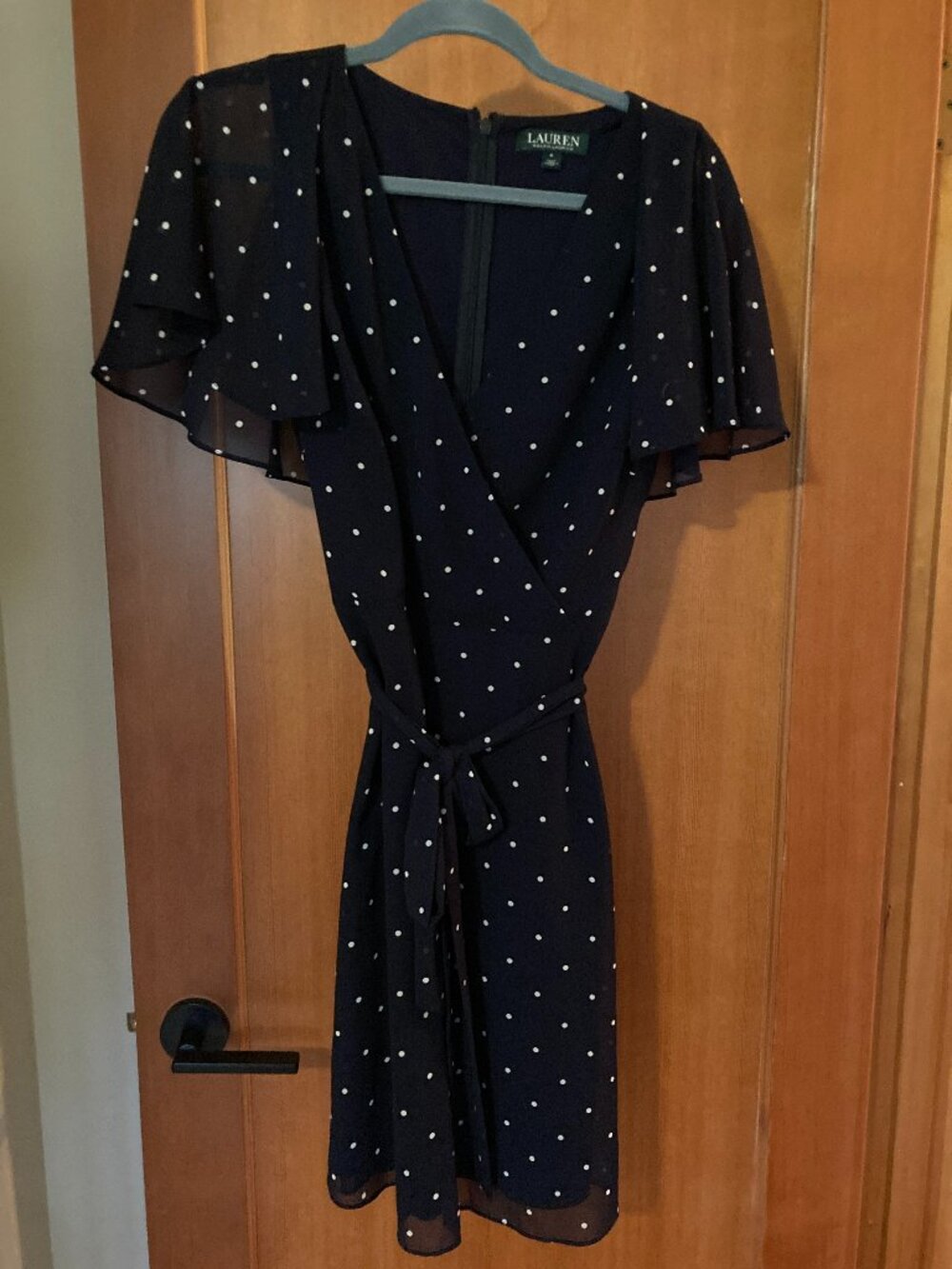 LAUREN RALPH LAUREN Navy Blue Polka Dot Chiffon Dress Flutter Sleeve Size 8